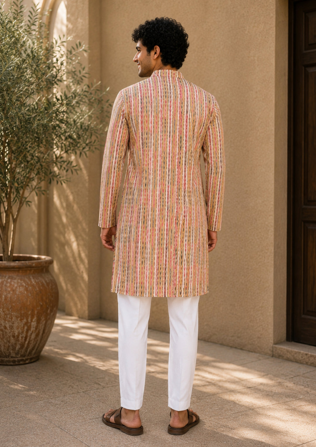 Sambalpuri Men’s Long Kurta – Yellow with Orange & Green Ikat Vertical Stripe