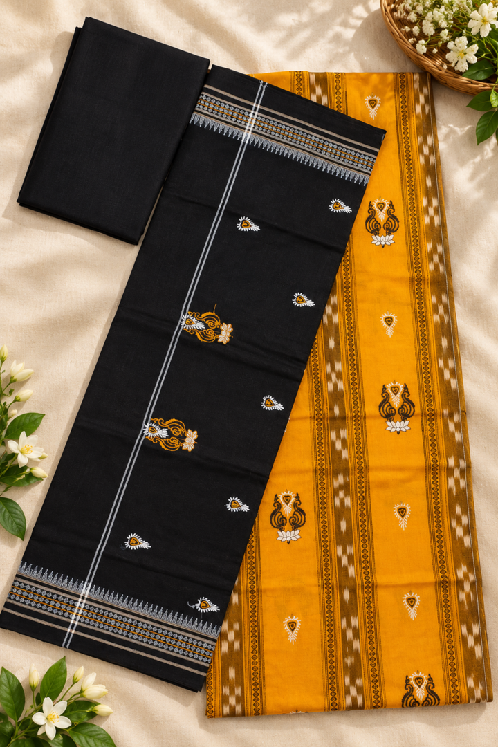 Women's Orange & Black Sambalpuri Unstitched Suit Material with Dupatta