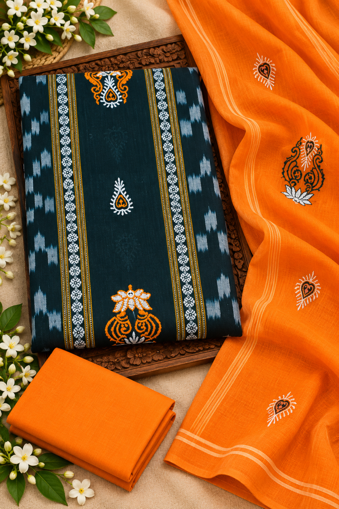 Women's Orange & Black Sambalpuri Pattern Unstitched Suit Material with Dupatta