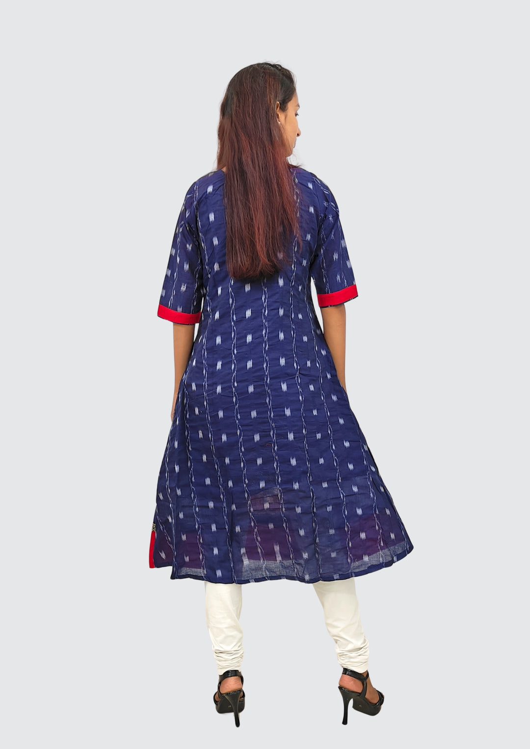 Sambalpuri Women's Gown – Navy Blue with Black, Red, and White Pasapali Ikat Motif