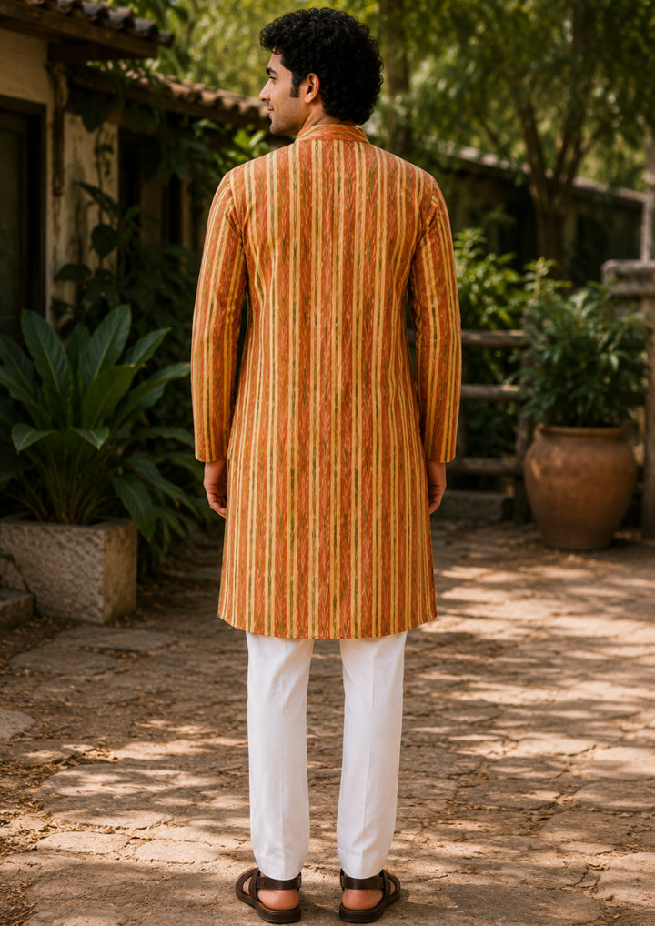 Sambalpuri Men’s Long Kurta – Yellow with Orange & Green Ikat Vertical Stripe