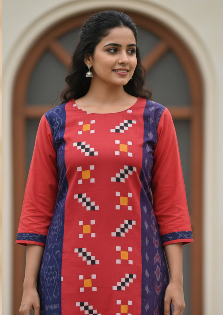 Sambalpuri Women's Kurti - Hand-woven Cotton Straight Kurti in Red & Blue