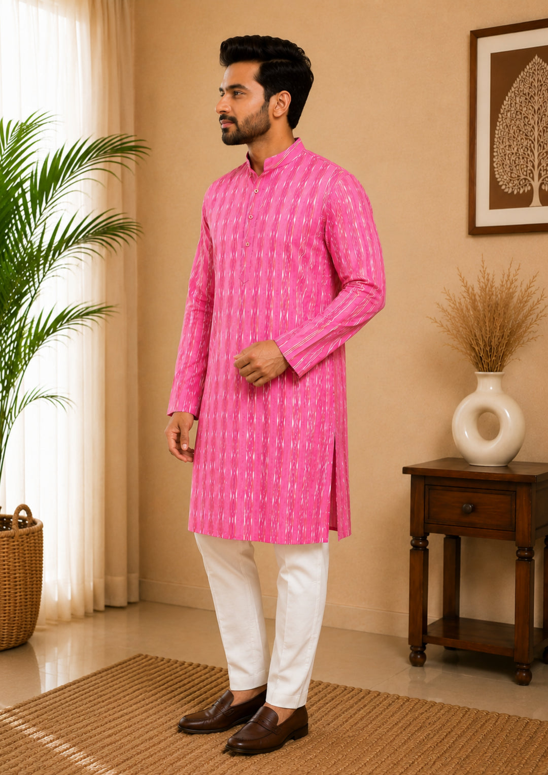 Sambalpuri Men's Long Kurta - Blossom Pink Kurta