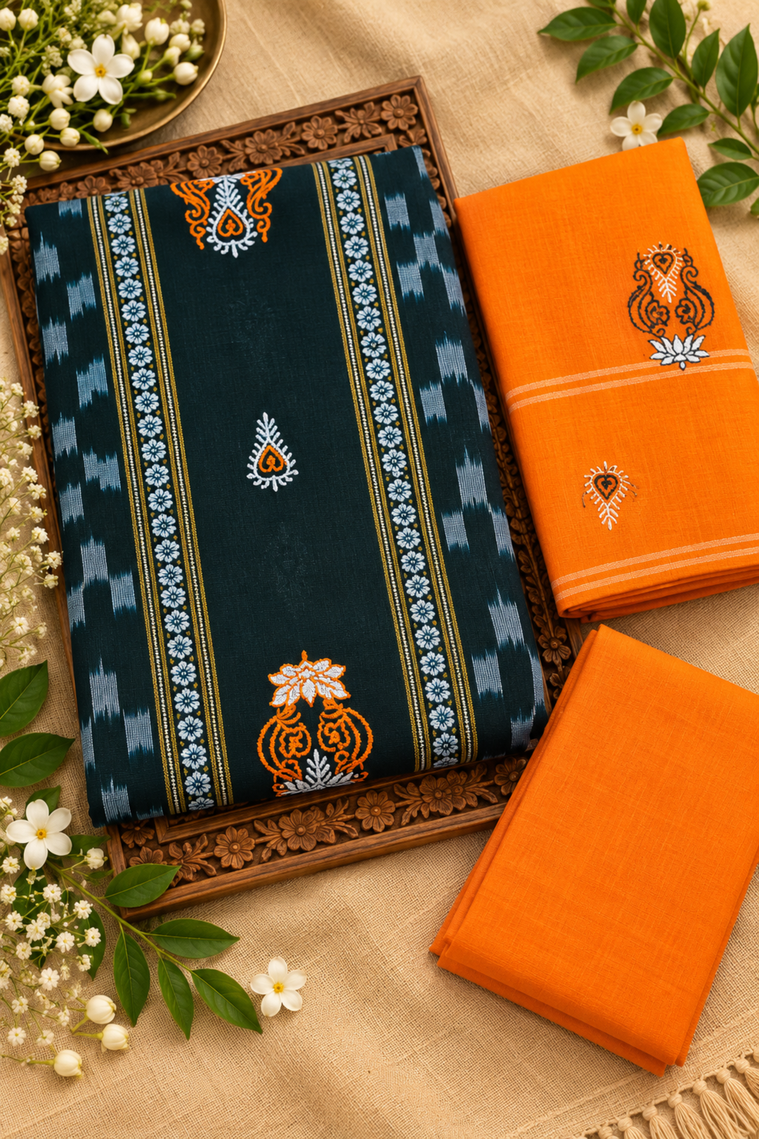 Women's Orange & Black Sambalpuri Pattern Unstitched Suit Material with Dupatta