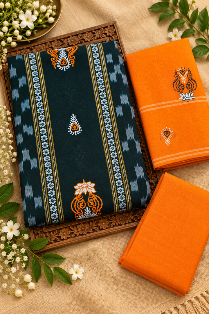 Women's Orange & Black Sambalpuri Pattern Unstitched Suit Material with Dupatta