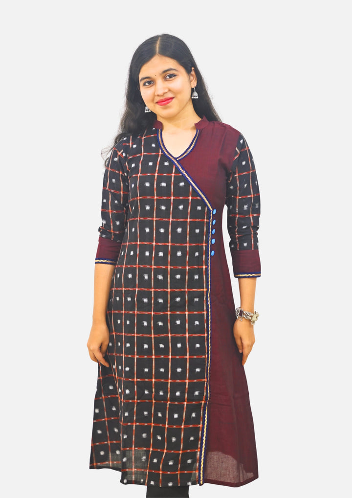 Wovio Modern Ikat Dress - Sambalpuri Checkered Overlap Design, Maroon Base with Black & Blue Highlights