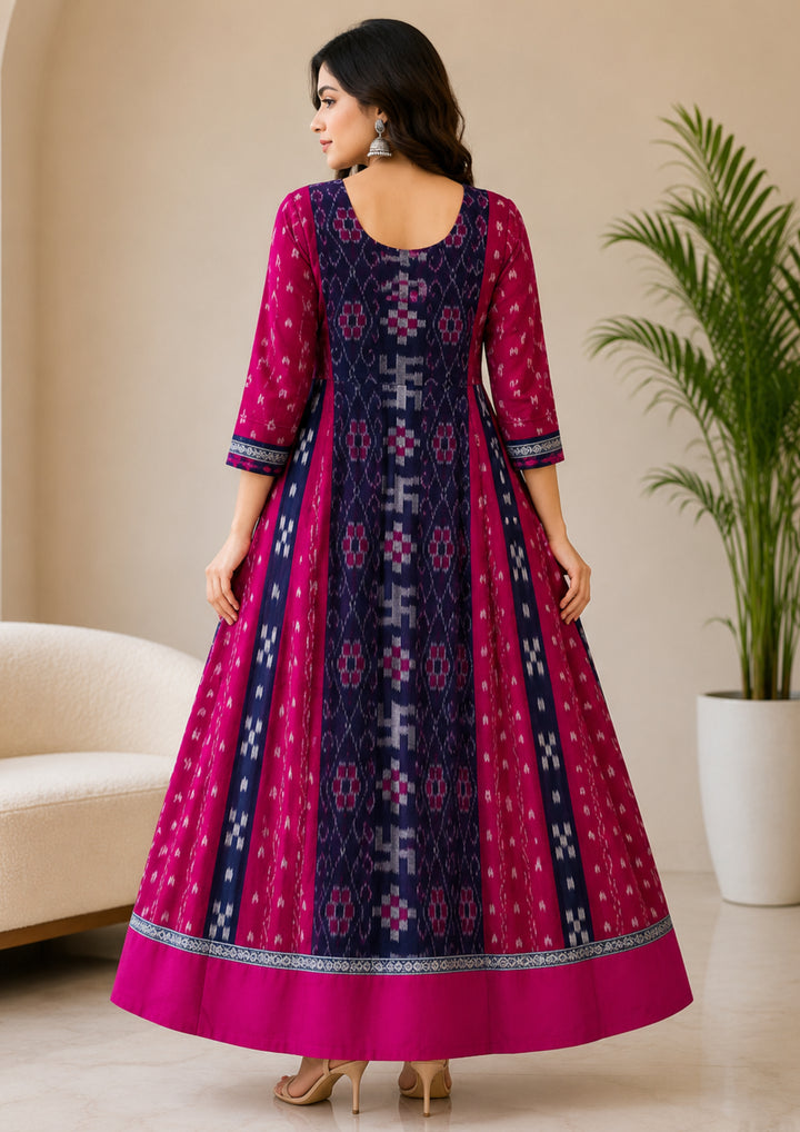 Sambalpuri Long Gown – Rani Pink & Navy Blue with Silver Border