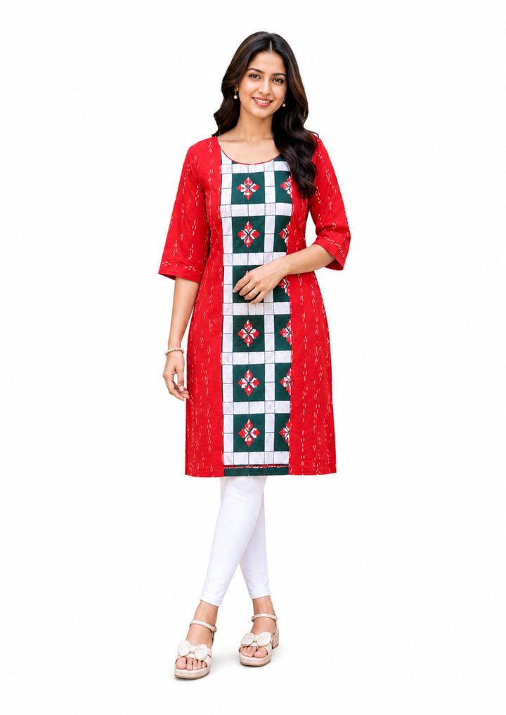 Sambalpuri Women's Kurti - Crimson Heritage Ikat Cotton Kurti