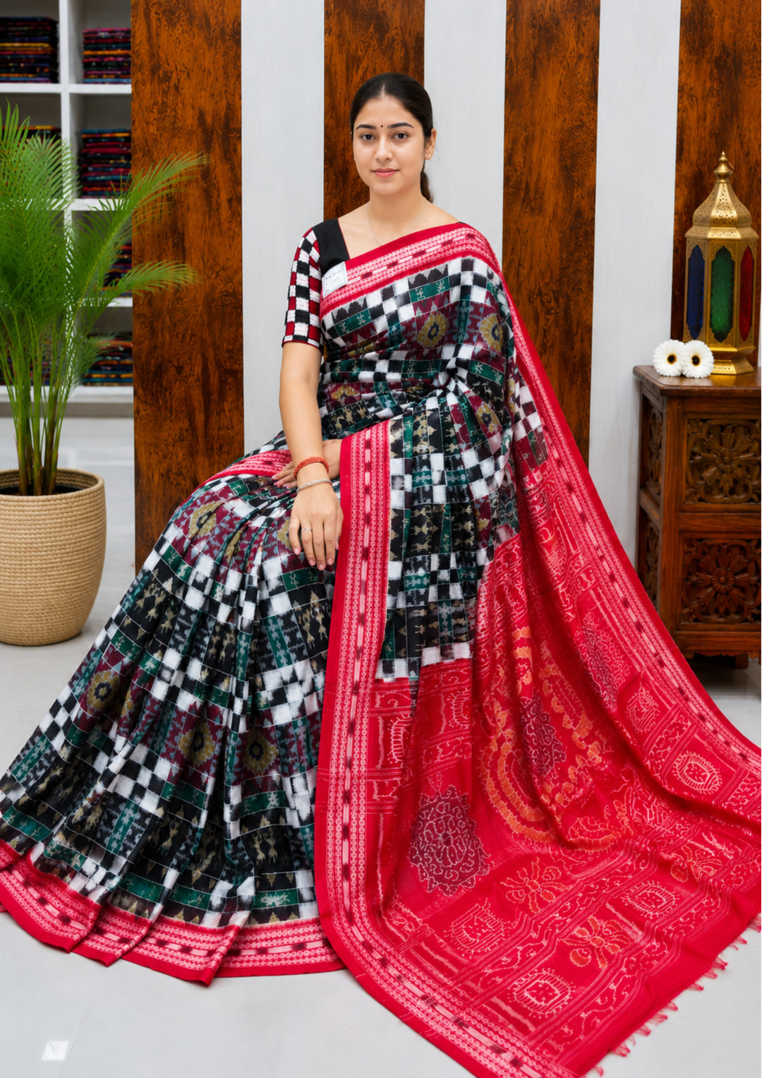 Designer Sambalpuri Handloom Cotton Saree in Monochrome Checks