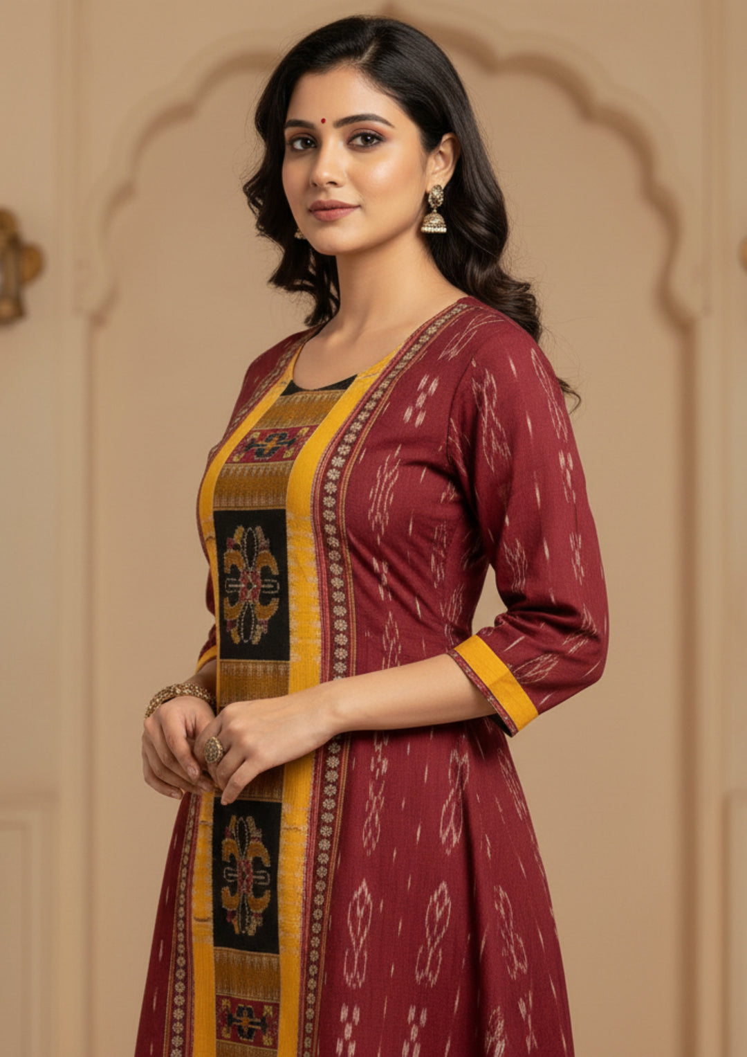 Sambalpuri Utkal Laxmi Heritage Gown – Yellow Red Flower with Maroon & Mustard Edition