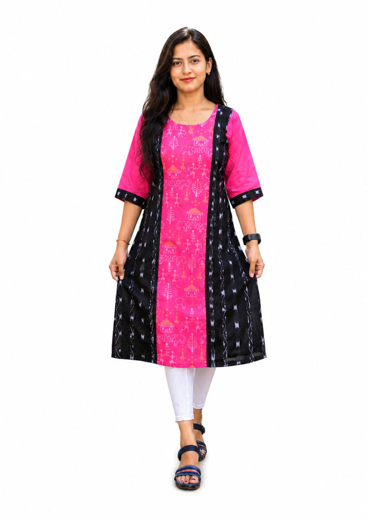 Sambalpuri Women's Kurti - Pink Cotton Ikat Panel Kurta with Black Side Panels