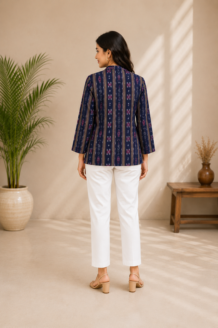 Elegant Indigo Ethnic Printed Cotton Jacket for Women