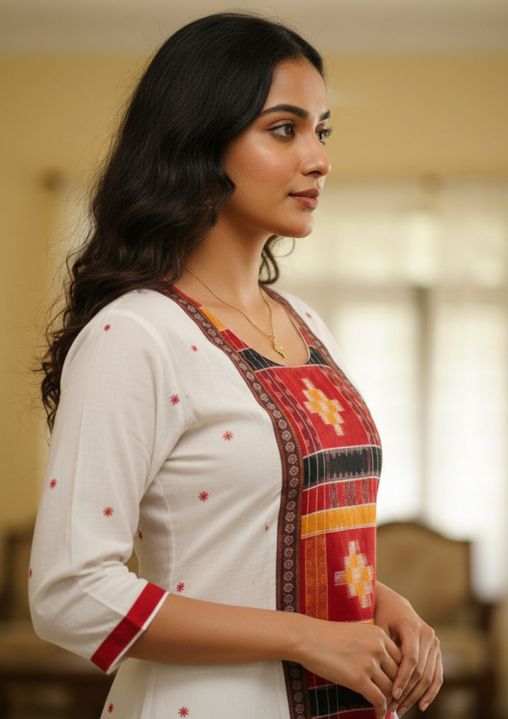 Sambalpuri Utkal Laxmi Heritage Gown – Yellow Red Pasapalli with White & Red Edition