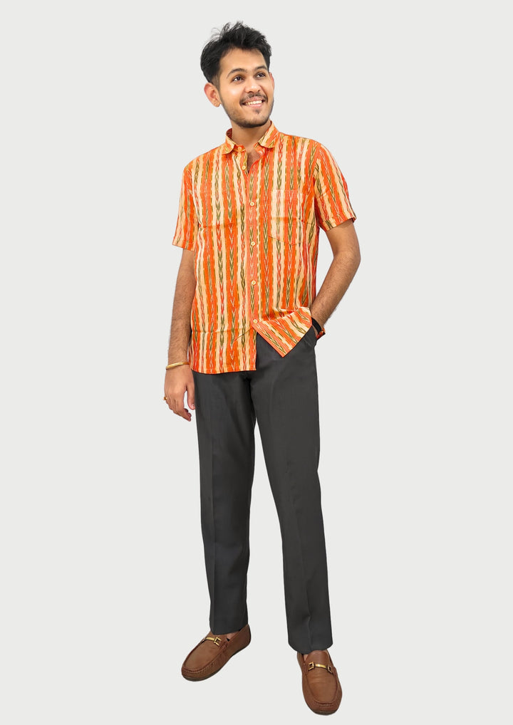 Sambalpuri Men’s Shirt – Ikat Vertical Stripe Motif, Orange Base with Green & White Highlights