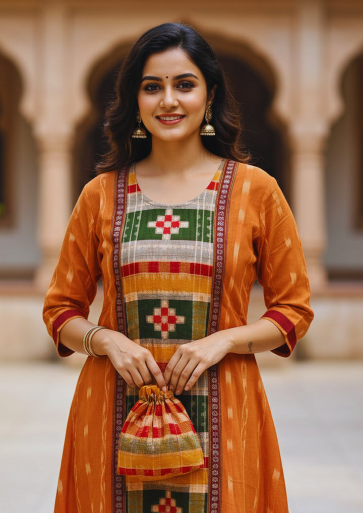 Sambalpuri Utkal Laxmi Heritage Gown – Green Red Pasapalli with Sunset Orange Edition