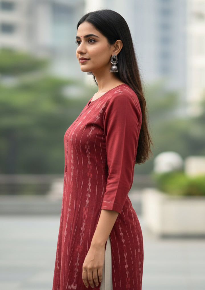 Sambalpuri Hand Woven Women's Straight Kurti in Maroon