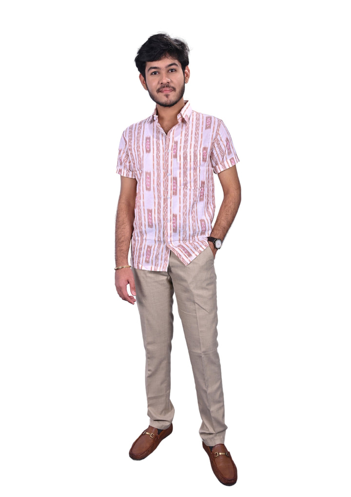 Sambalpuri Handloom Men's Half Sleeve Shirt in Off-White & Maroon