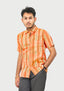 Sambalpuri Men’s Shirt – Ikat Vertical Stripe Motif, Orange Base with Green & White Highlights