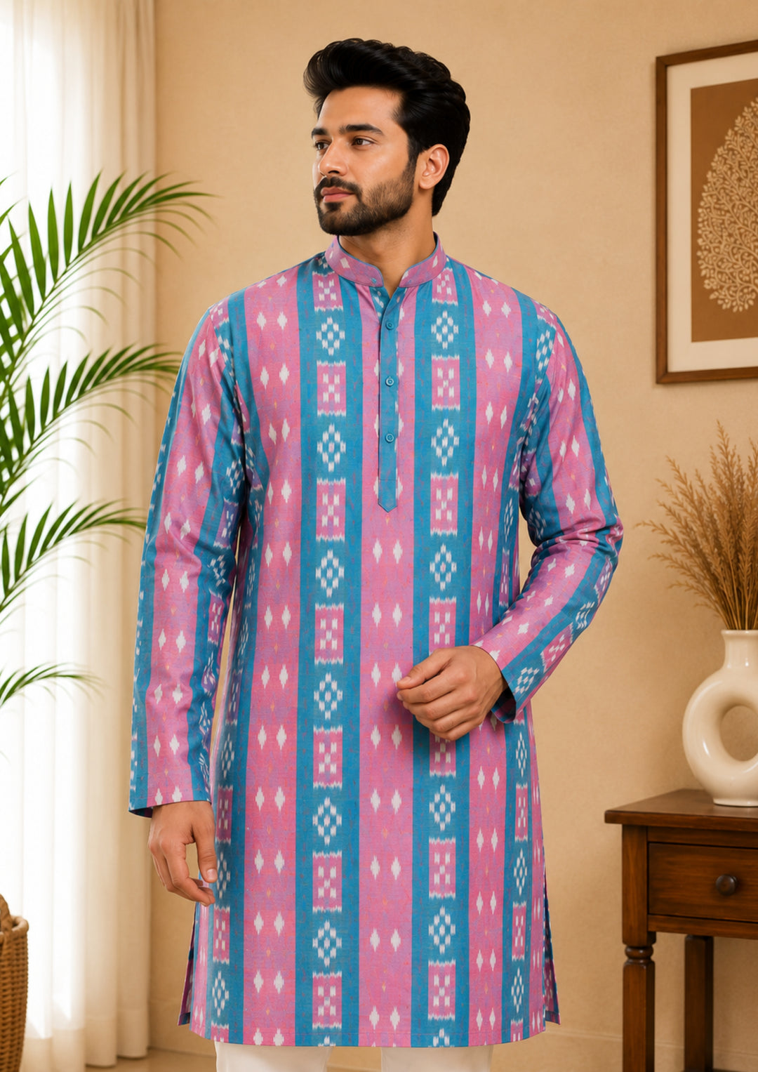 Sambalpuri Men's Long Kurta - Pastel Sky Kurta