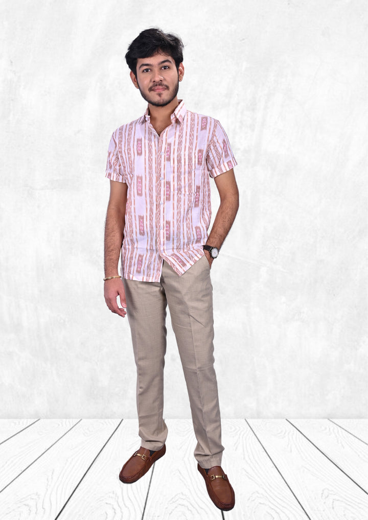 Sambalpuri Handloom Men's Half Sleeve Shirt in Off-White & Maroon