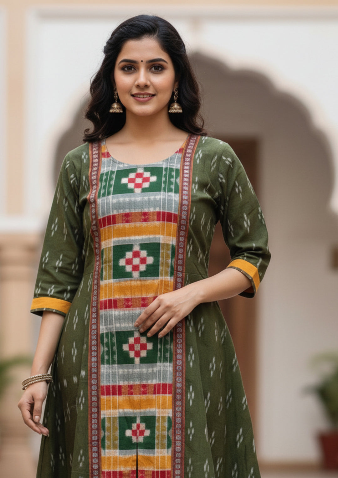 Sambalpuri Utkal Laxmi Heritage Gown – Green Red Pasapalli with Olive Green Edition