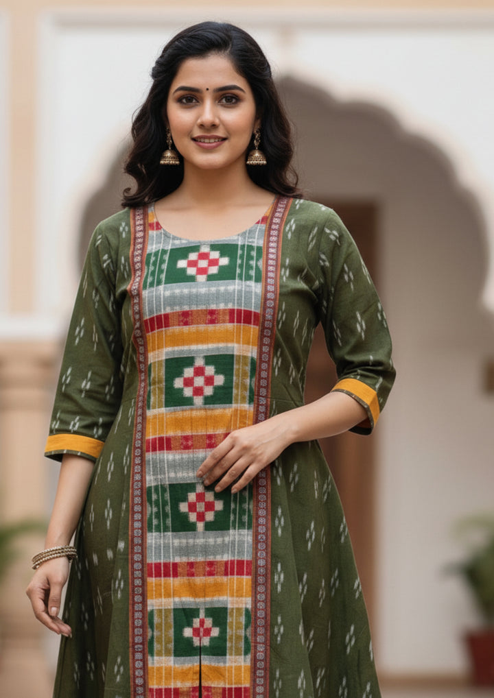 Sambalpuri Utkal Laxmi Heritage Gown – Green Red Pasapalli with Olive Green Edition