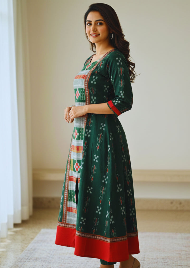 Sambalpuri Utkal Laxmi Heritage Gown – Green Red Pasapalli with Emerald Green Edition