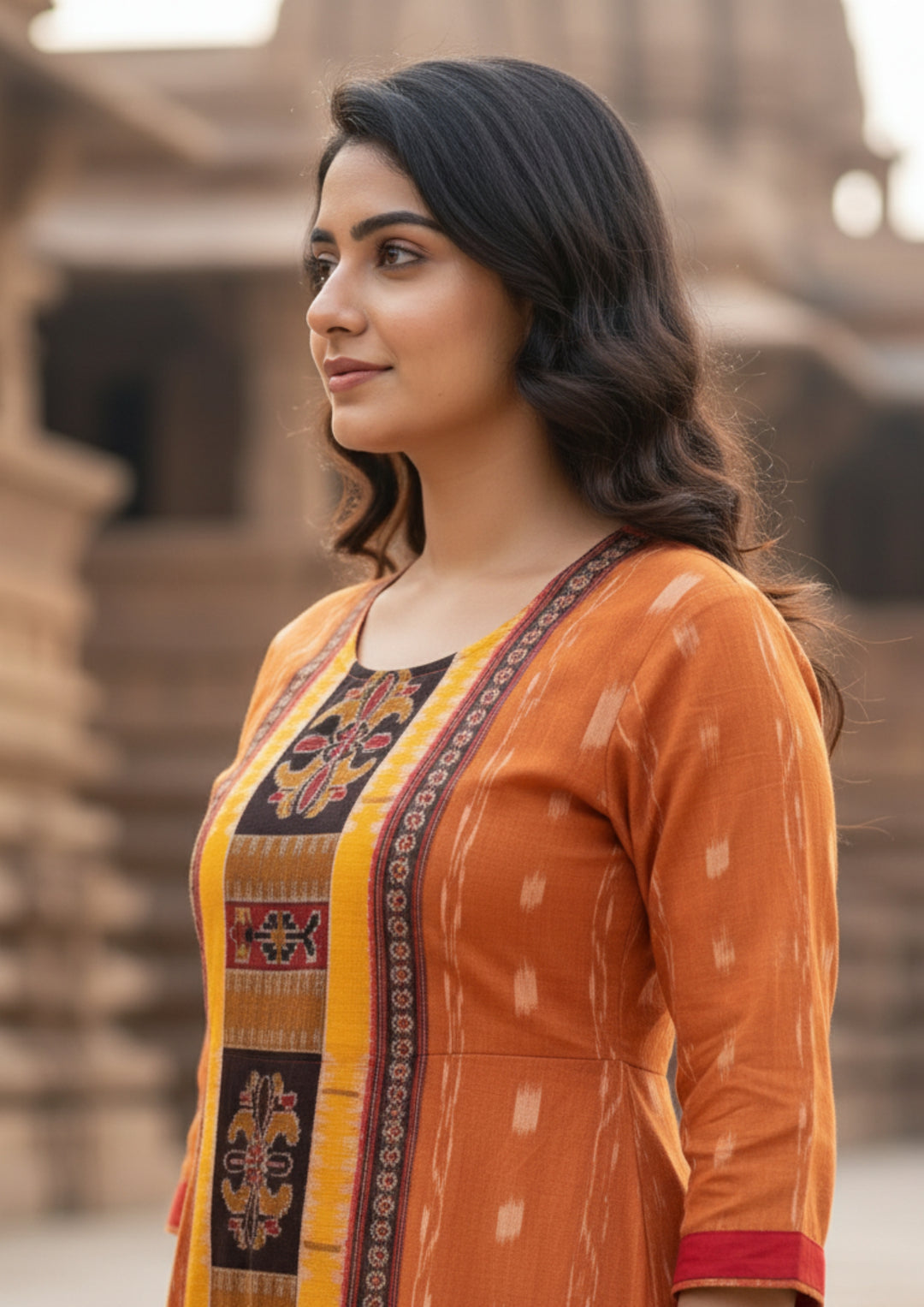 Sambalpuri Utkal Laxmi Heritage Gown – Yellow Red Flower with Sunrise Orange Edition