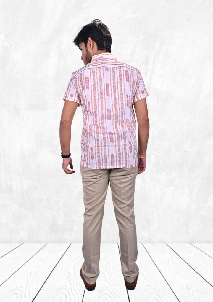 Sambalpuri Handloom Men's Half Sleeve Shirt in Off-White & Maroon