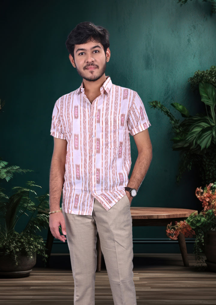 Sambalpuri Handloom Men's Half Sleeve Shirt in Off-White & Maroon