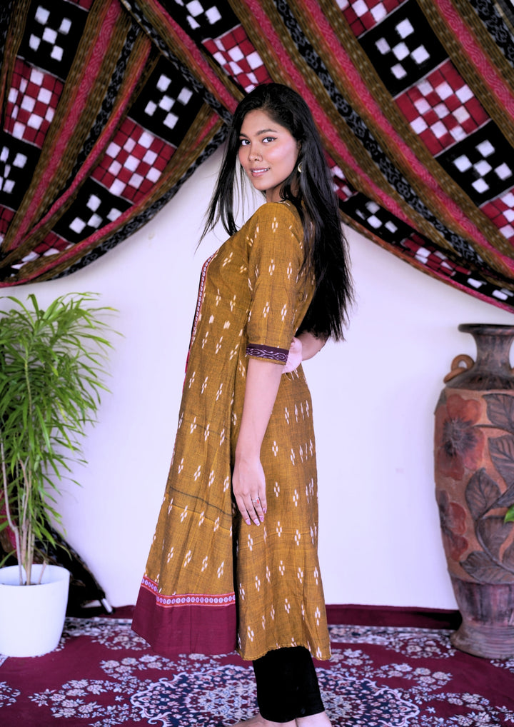 Sambalpuri Women’s Kurti – Mustard Yellow with Maroon Border and Black-Red Ikat Panel Detailing in Traditional Pattern