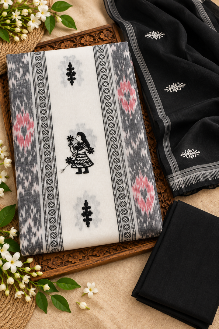 Women’s Sambalpuri Cotton Unstitched Dress Material – White Top, Black Pant &amp; Embroidered Dupatta