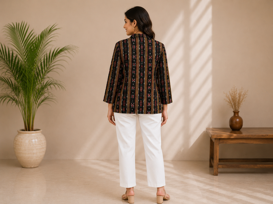 Classic Black Ethnic Printed Cotton Jacket for Women
