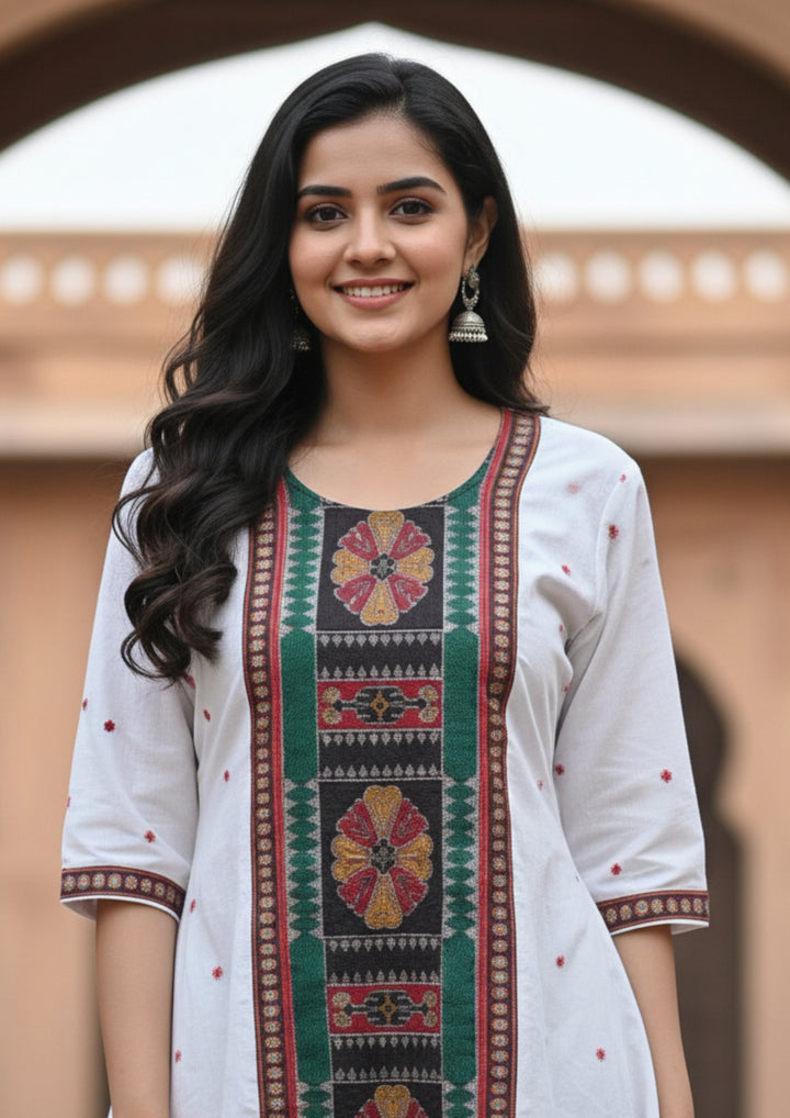 Sambalpuri Utkal Laxmi Heritage Gown – Green Red Flower with Milk White Edition