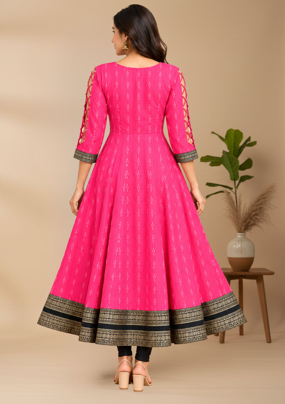 Women’s Pure Handloom Sambalpuri Cotton Fuchsia Pink Anarkali with Designer Lace Sleeves