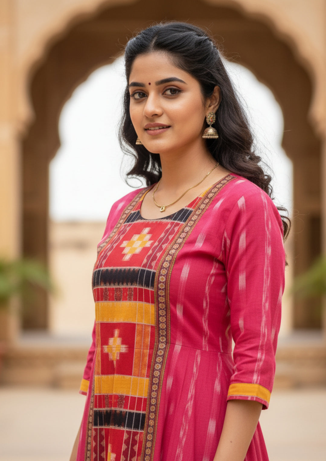 Sambalpuri Utkal Laxmi Heritage Gown – Yellow Red Pasapalli with Pink Blossom Edition