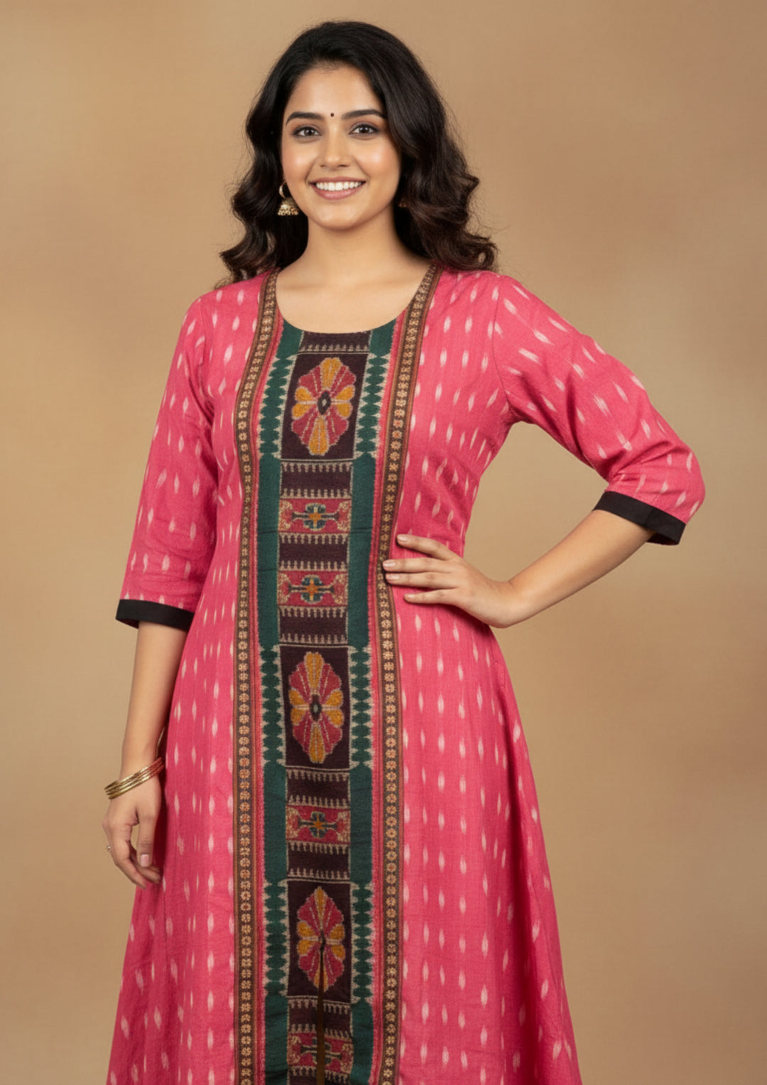 Sambalpuri Utkal Laxmi Heritage Gown – Green Red Flower with Rose Pink Edition
