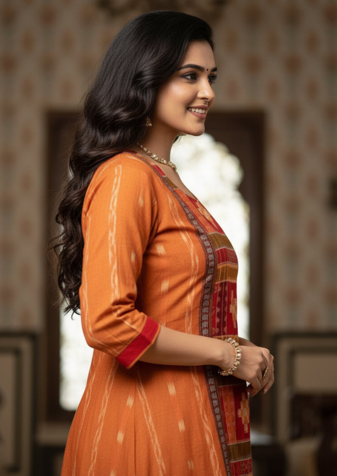 Sambalpuri Utkal Laxmi Heritage Gown – Yellow Red Pasapalli with Sunset Orange Edition