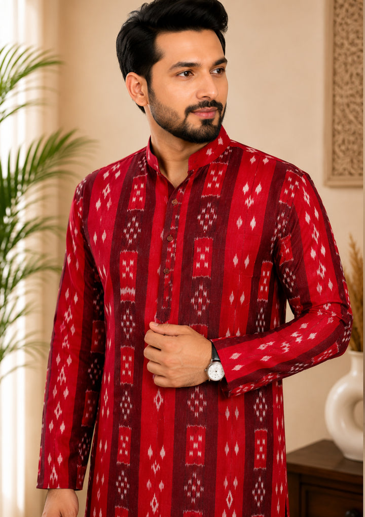 Sambalpuri Men's Long Kurta - Regal Red Kurta