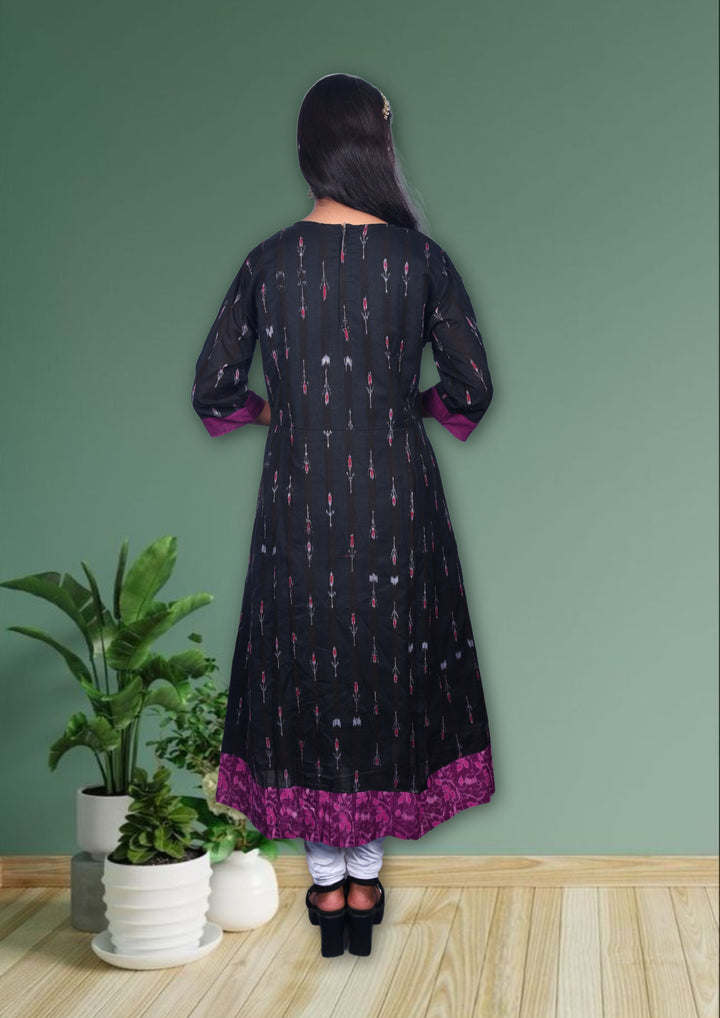 Authentic Sambalpuri Handloom Anarkali with Designer Neck in Black & Purple