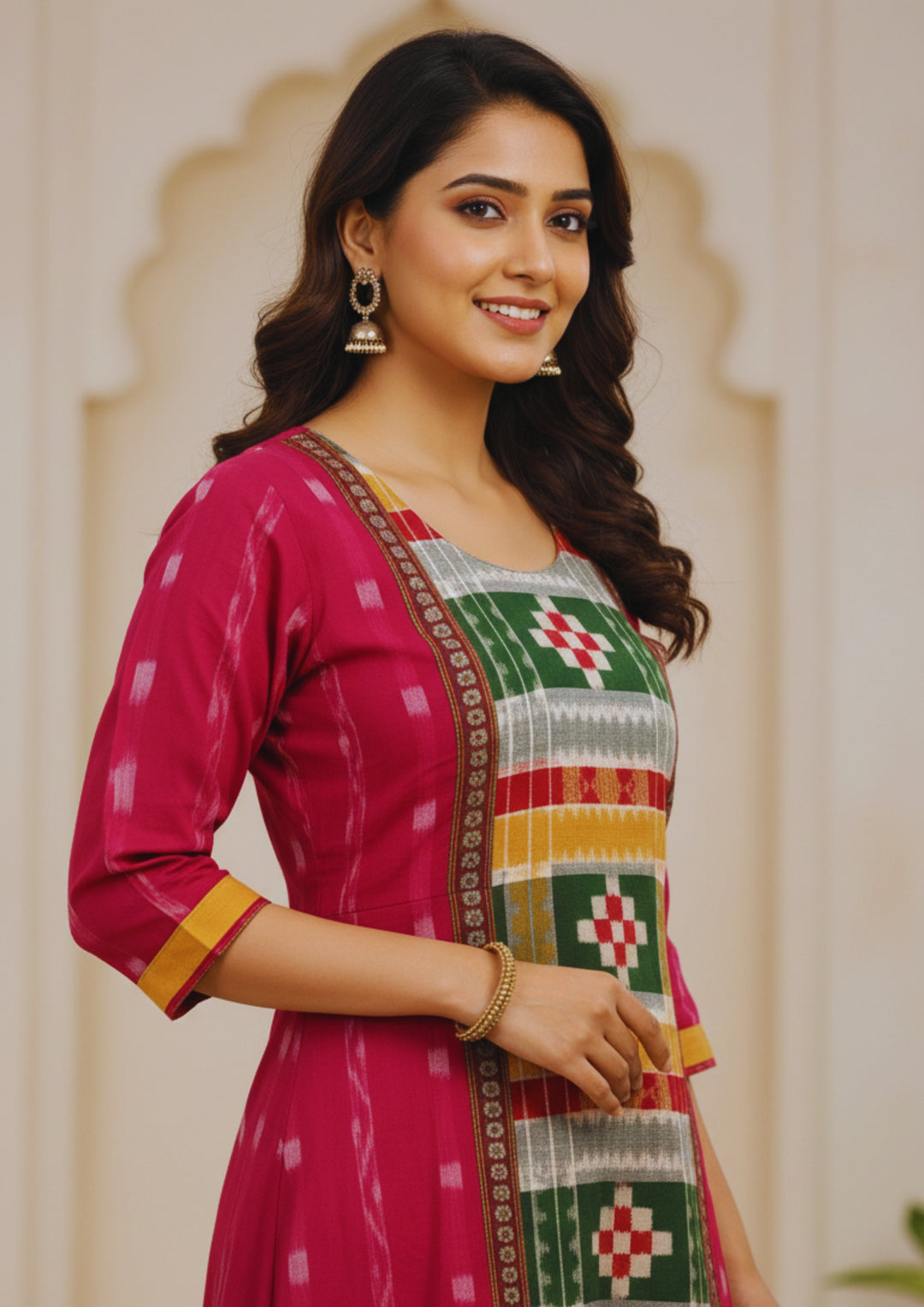 Sambalpuri Utkal Laxmi Heritage Gown – Green Red Pasapalli with Rani Pink Edition