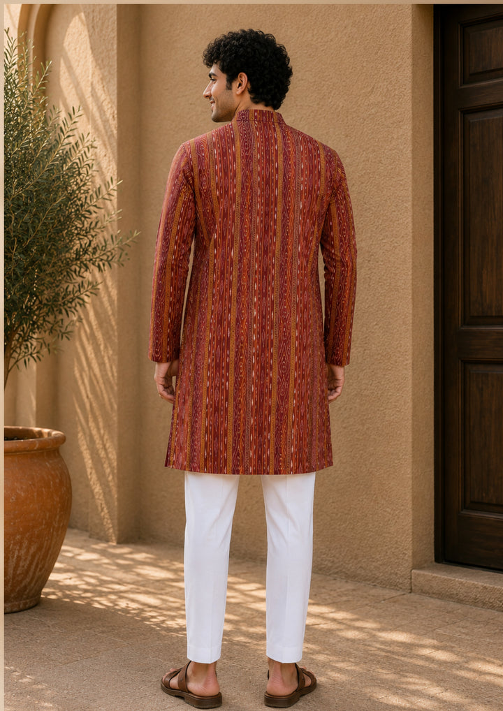 Men’s Long Kurta – Ikat Stripe Pattern Maroon Red Base with Orange & Pink