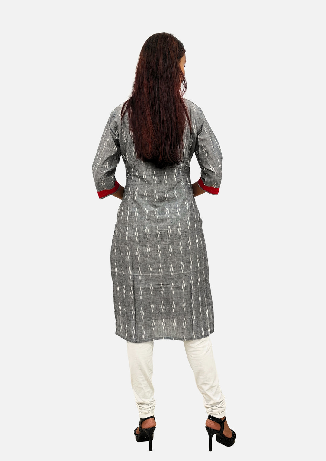 Sambalpuri Women's Kurti – Grey with Black, Red, and White Pasapali Ikat Motif