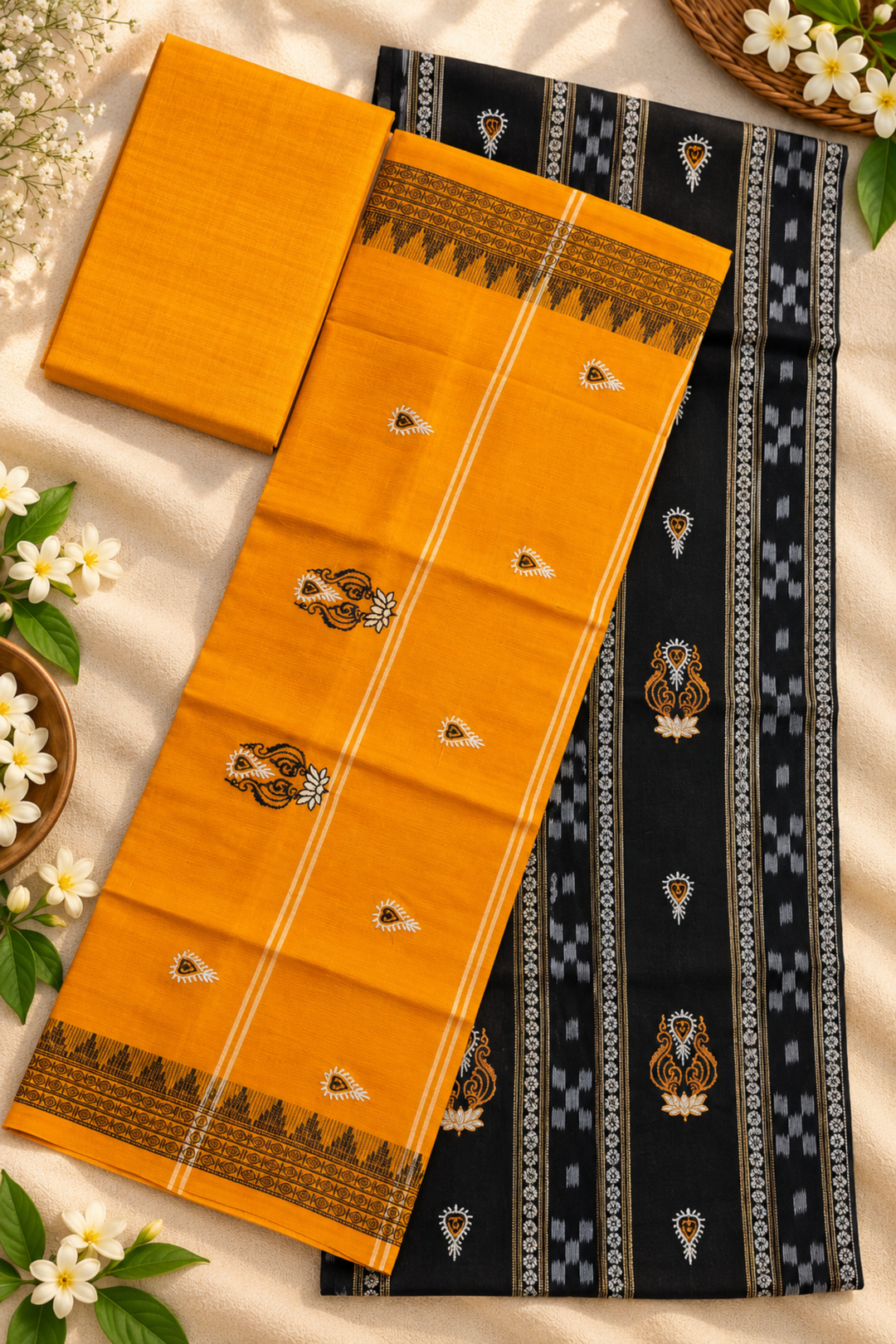 Women's Orange & Black Sambalpuri Pattern Unstitched Suit Material with Dupatta