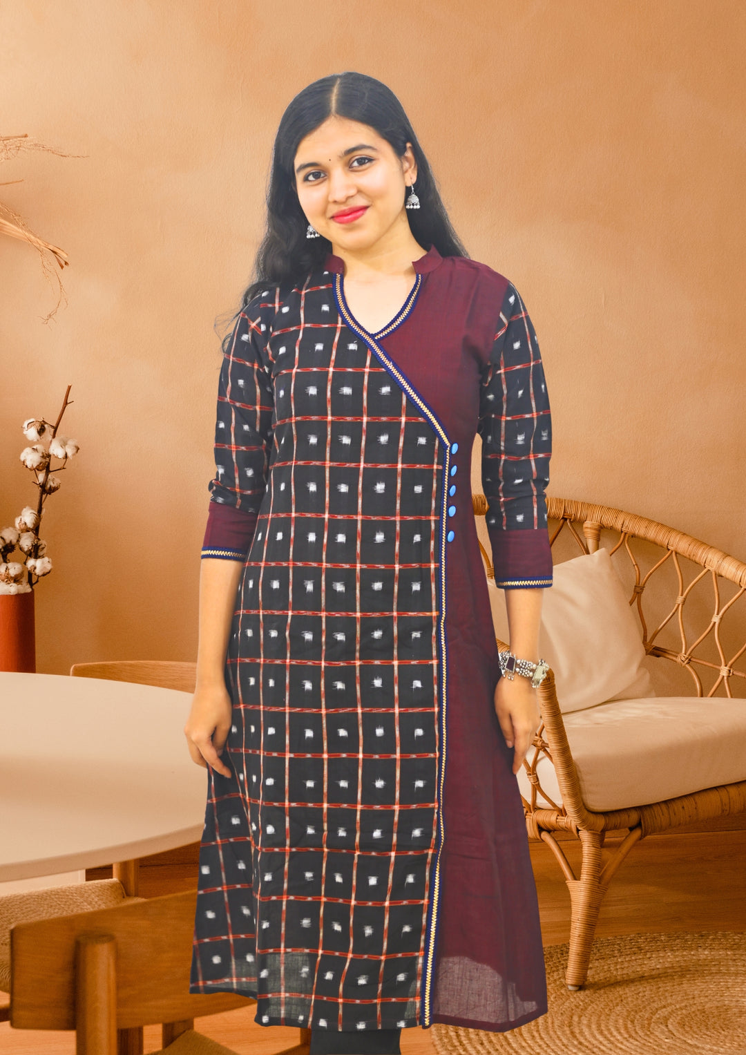 Wovio Modern Ikat Dress - Sambalpuri Checkered Overlap Design, Maroon Base with Black & Blue Highlights