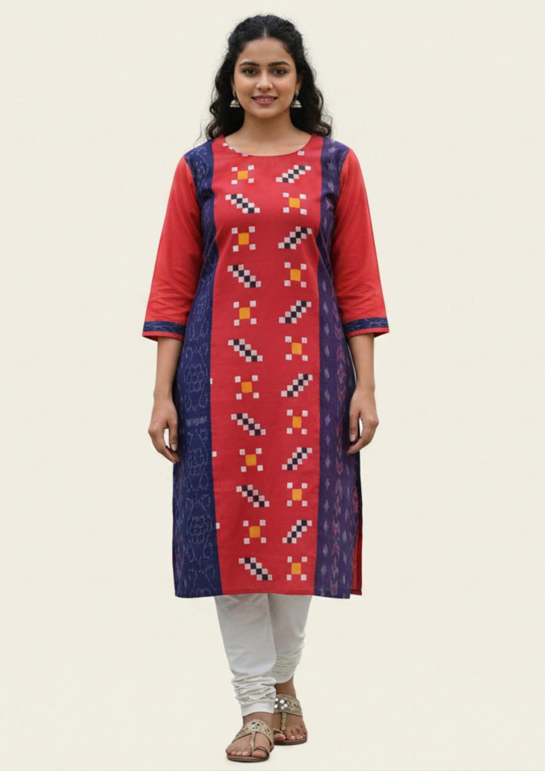 Sambalpuri Women's Kurti - Hand-woven Cotton Straight Kurti in Red & Blue
