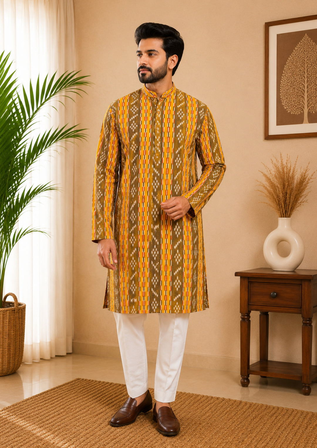 Sambalpuri Men's Long Kurta - Golden Harvest Kurta