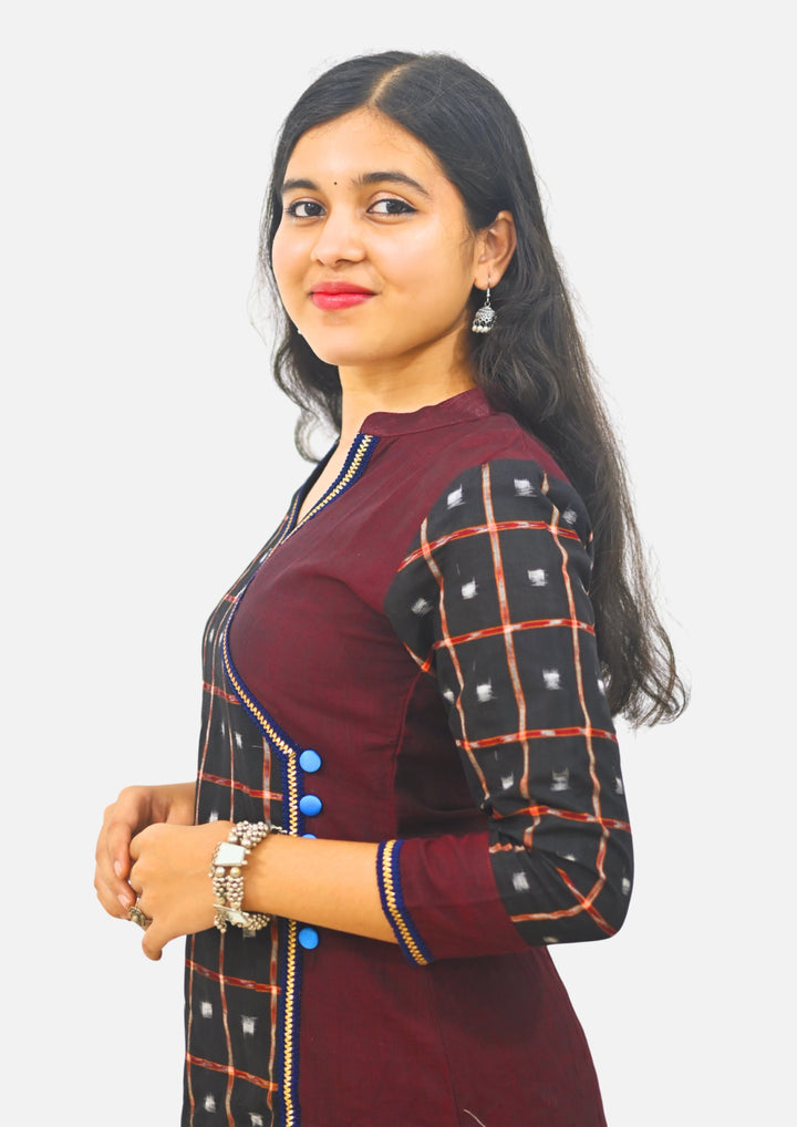 Wovio Modern Ikat Dress - Sambalpuri Checkered Overlap Design, Maroon Base with Black & Blue Highlights