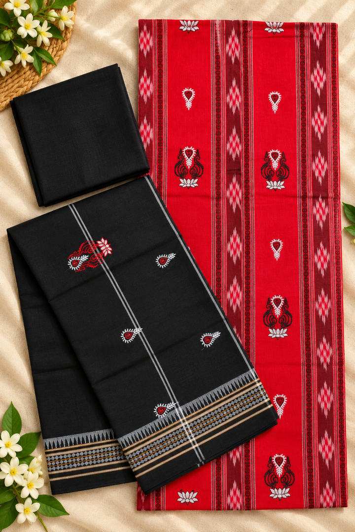 Women's Red & Black Sambalpuri Unstitched Suit Material with Dupatta