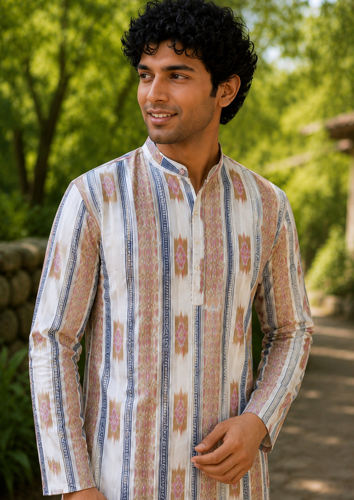 Sambalpuri Men’s Long Kurta – White with Beige & Pink with Blue Accents
